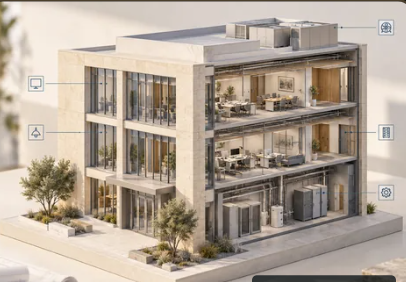 Conceptual commercial office cutaway showing its floors and workspaces