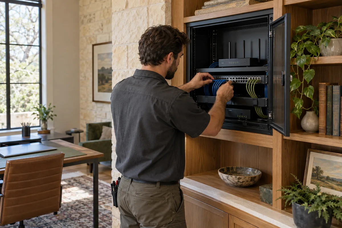 Concept image of a technician checking a tidy home network cabinet